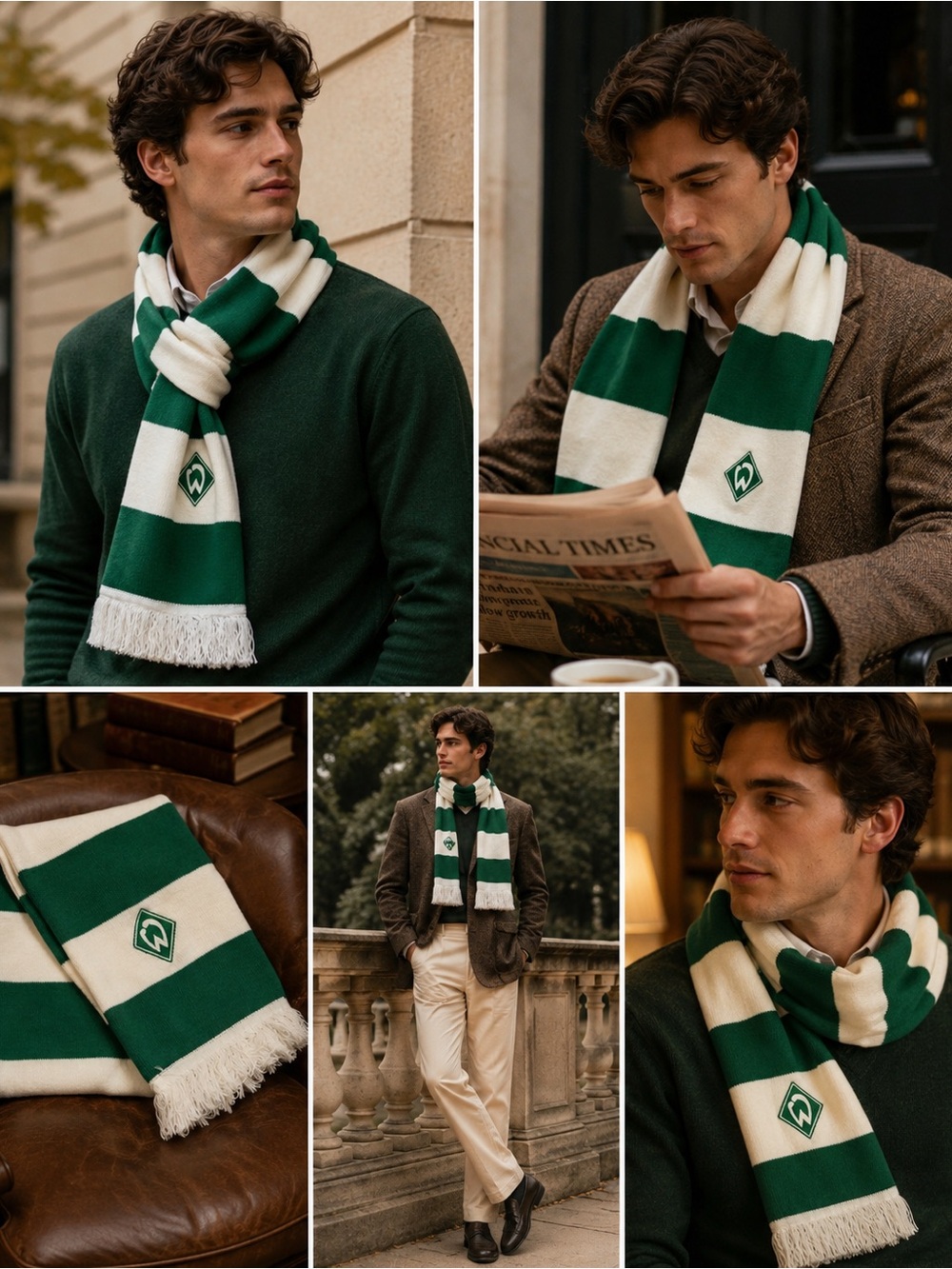 Green and White Striped Werder Bremen Scarf Block Stripes Scarf with Emblem